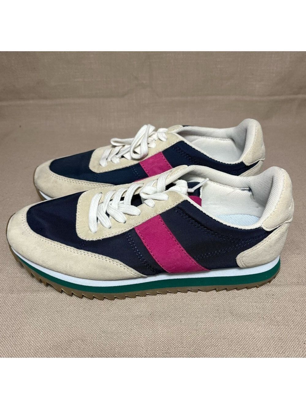 NEW J. Crew Womenโs Colorblock Trainers Sneakers Navy, Cream & Fuchsia Suede 6